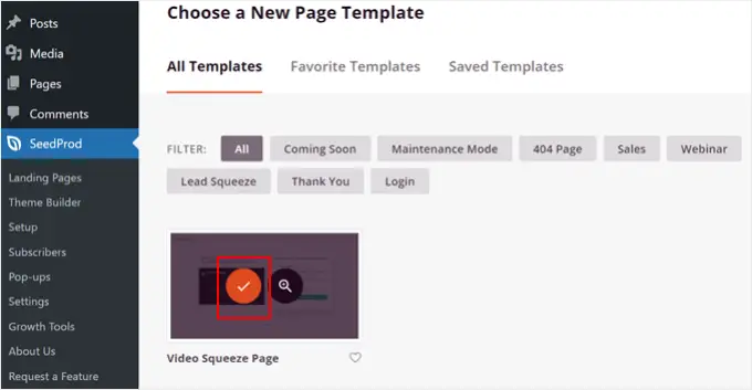 Choisir le modèle Video Squeeze Page dans SeedProd
