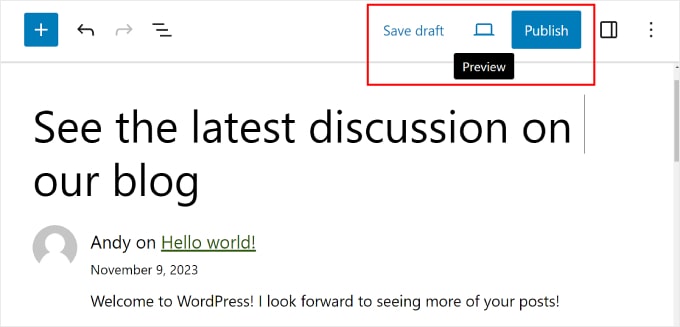 Enregistrer, prévisualiser ou publier une page de commentaires récents dans WordPress