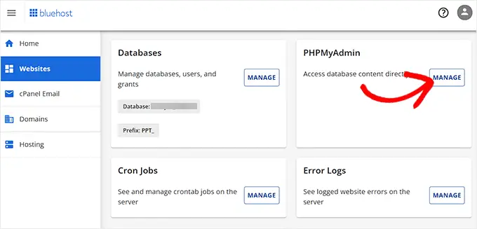 Cliquez sur le bouton Gérer à côté de l'option PHPMyAdmin