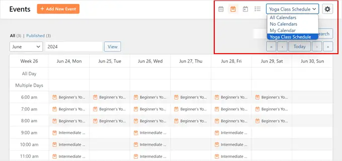 Les filtres d'événements dans la page d'administration des événements du calendrier Sugar