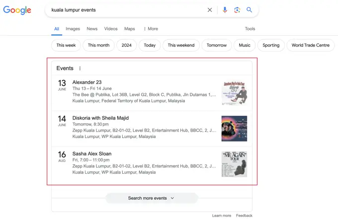 Exemple d'une liste d'événements dans une recherche Google