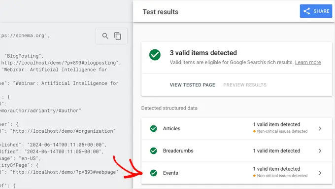 Résultats des tests dans le test des résultats enrichis de Google