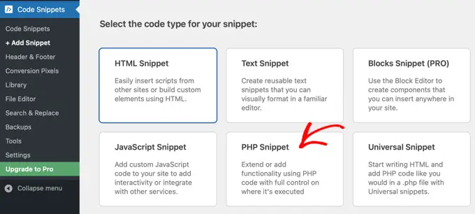 Sélectionnez l’option PHP Snippet dans WPCode