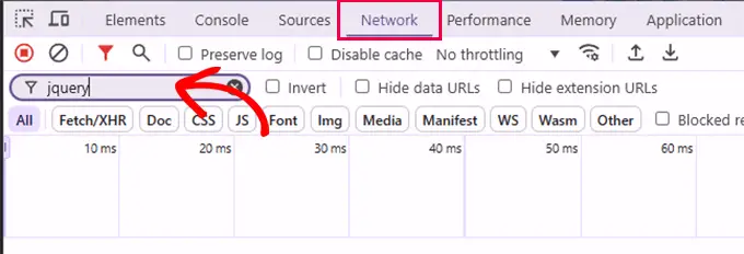 Recherchez jQuery dans les outils de développement