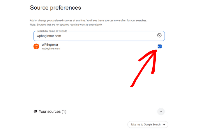 Sélectionnez WPBeginner comme source préférée dans Google