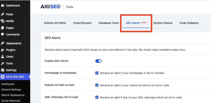AIOSEO : Paramètres des alertes SEO AIOSEO : paramètres des alertes SEO